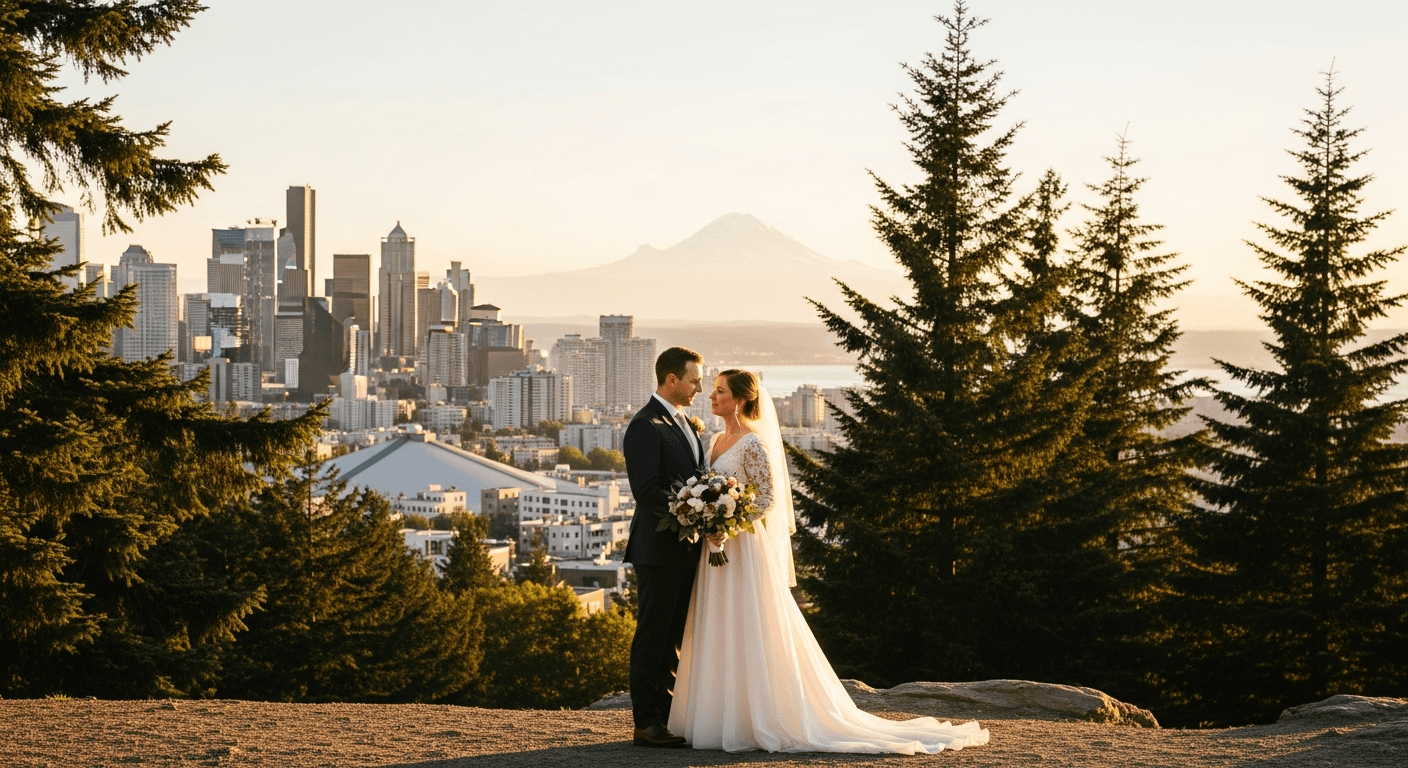 Seattle wedding photographer - bride and groom with Mount Rainier and Seattle skyline at golden hour
